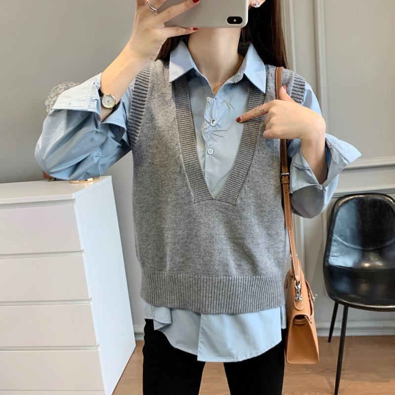 high momo 巨好看猫咪刺绣宽松长袖棉衬衫韩版马甲两件套上衣春新