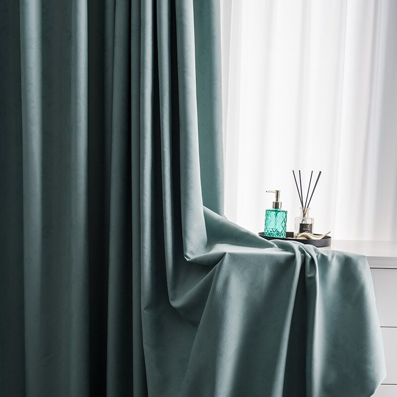 3d压花客厅卧室阳台高档纯色遮光隔热防紫外线成品窗帘