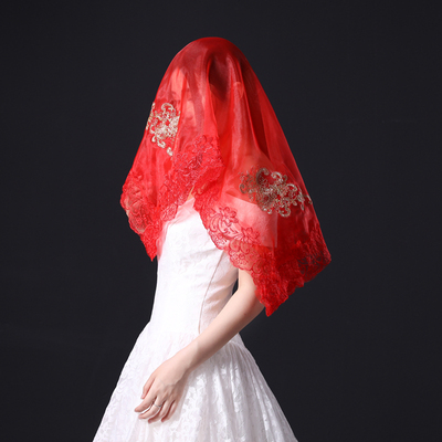 2020新款蕾丝新娘红色盖头纱短结婚复古秀禾中式刺绣婚纱喜帕头巾