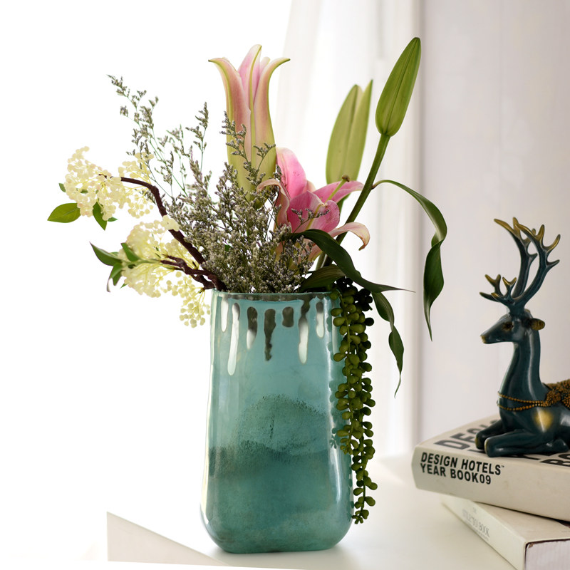 出口复古渐变方缸玻璃艺术花瓶欧式插花魔爪花瓶