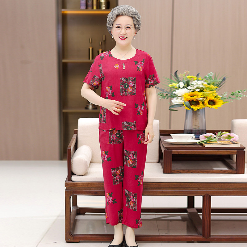 奶奶夏装棉绸套装中老年女夏季短袖两件套60-70-80岁老人太太衣服