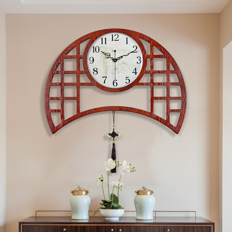 中国国风客厅中式挂钟静音创意卧室扇形钟表挂钟