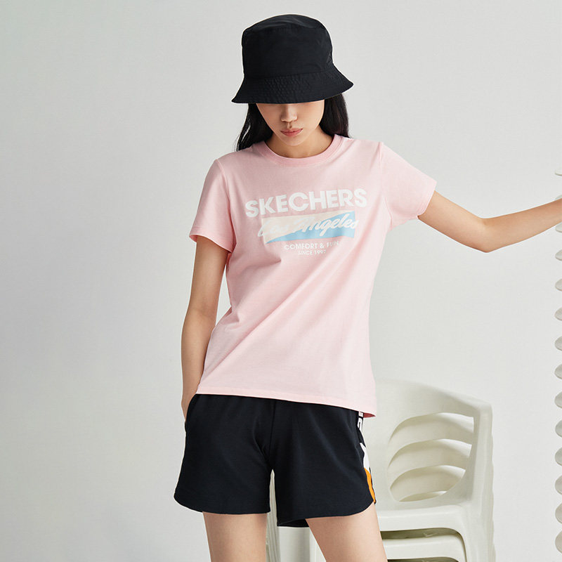 skechers斯凯奇女子字母logo运动针织短袖t恤