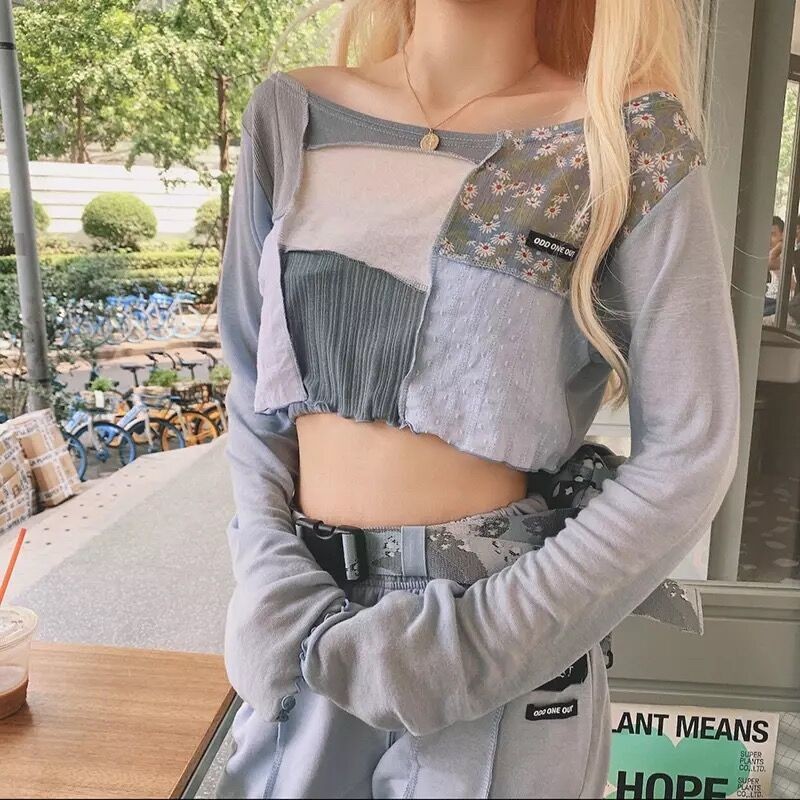 2022春夏新款ODD拼接长袖女T恤衫薄款短装辣妹一字肩露腰防晒上衣