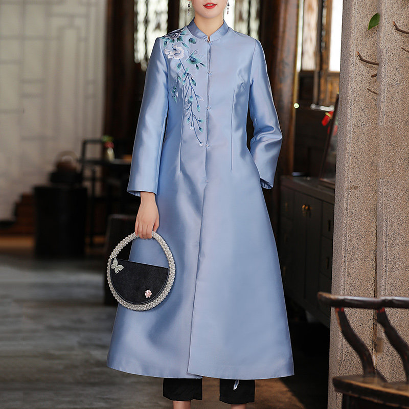 唐装女装中国国风春秋复古风衣女中中长高级风衣