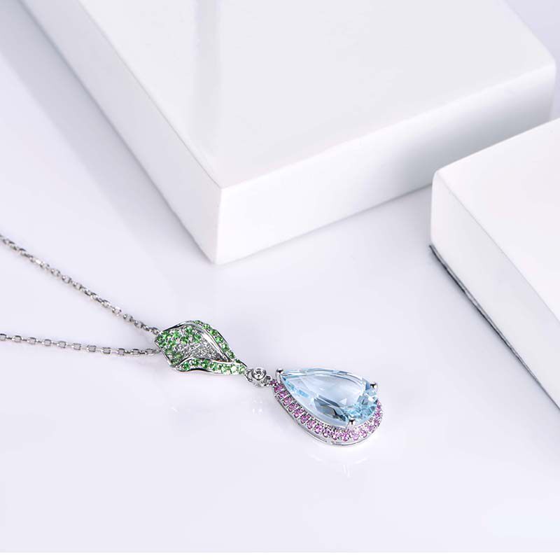 米莱宝石彩色水滴镶嵌珠宝金镶嵌18k吊坠海蓝宝颈饰