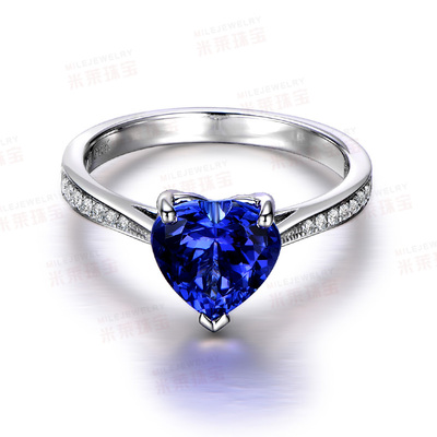 米莱珠宝天然坦桑石心形心形戒指金镶嵌镶嵌石女彩色宝石定制手饰