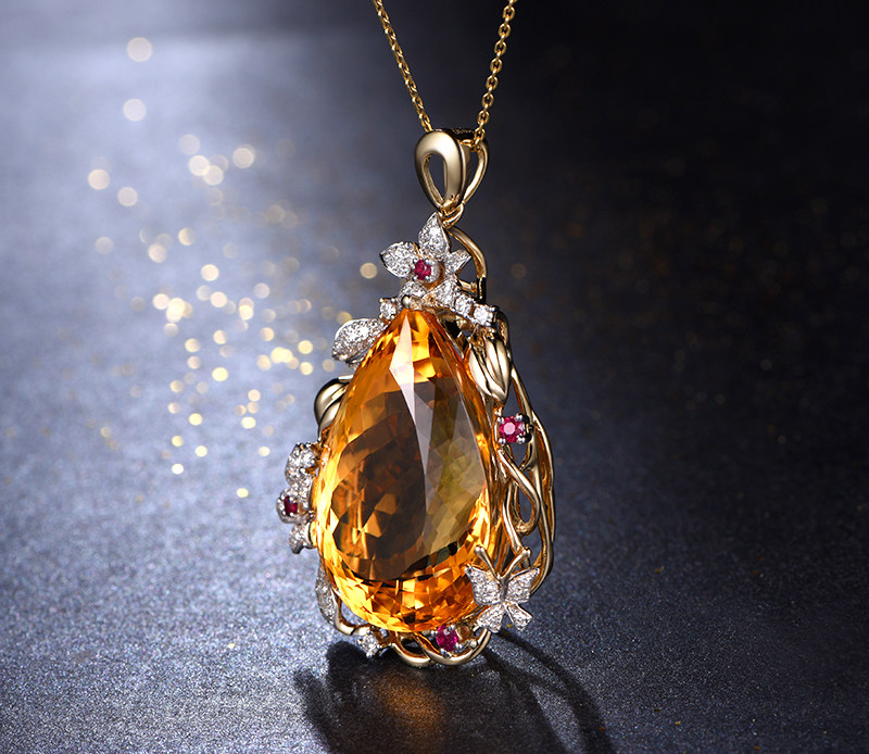 米莱珠宝315克拉巴西黄水晶吊坠18k金镶钻镶钻彩宝颈饰