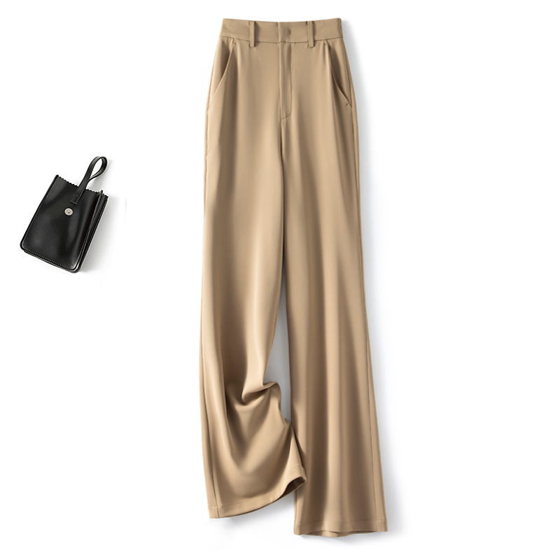 阔腿裤女春秋垂感松紧高腰直筒西装裤宽松长裤显瘦休闲裤子卡其色