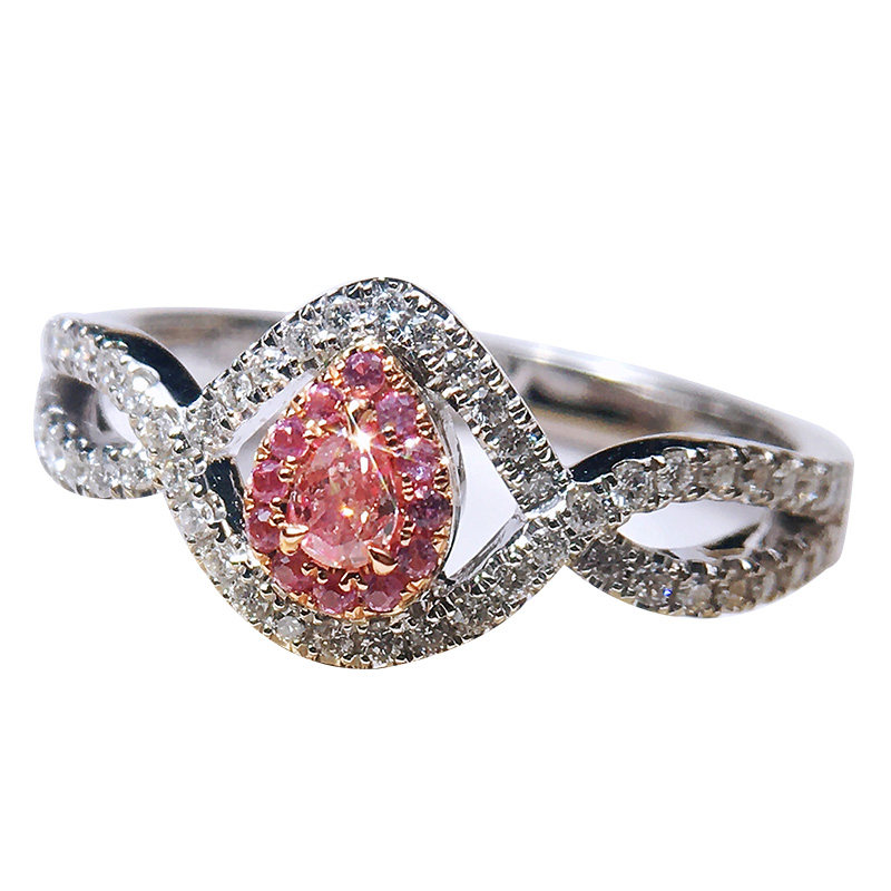 天然新款群镶粉钻彩钻戒指异形水滴梨形18k手饰