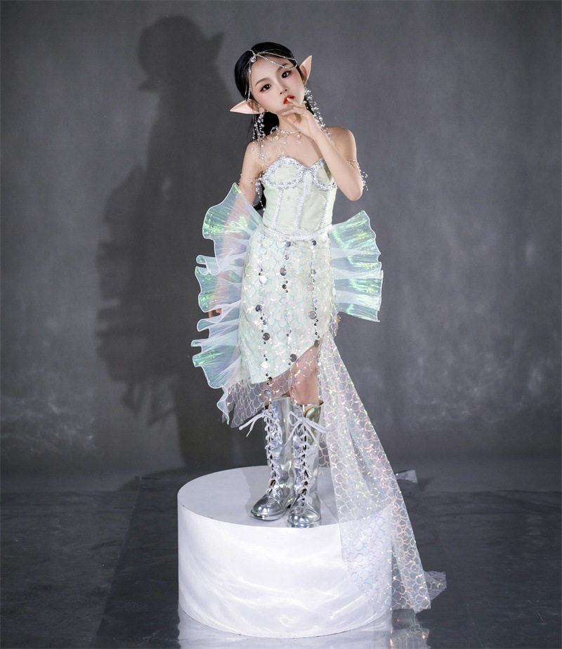 人鱼亮片鱼尾女童礼服cos鲛人服装海洋风走儿童演出服