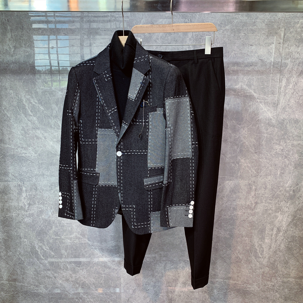 韩国新款复古拼接时尚修身小西装男外套韩版潮流帅气男士西服套装