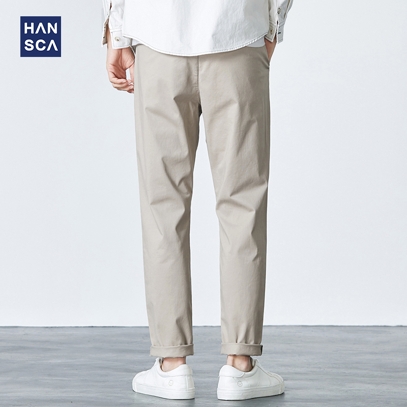 汉斯卡夏季薄款休闲裤男士直筒宽松青少年纯色修身百搭弹力长裤子