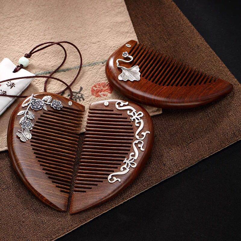 s925纯银镶嵌树叶复古花纹个性创意高档随身梳子