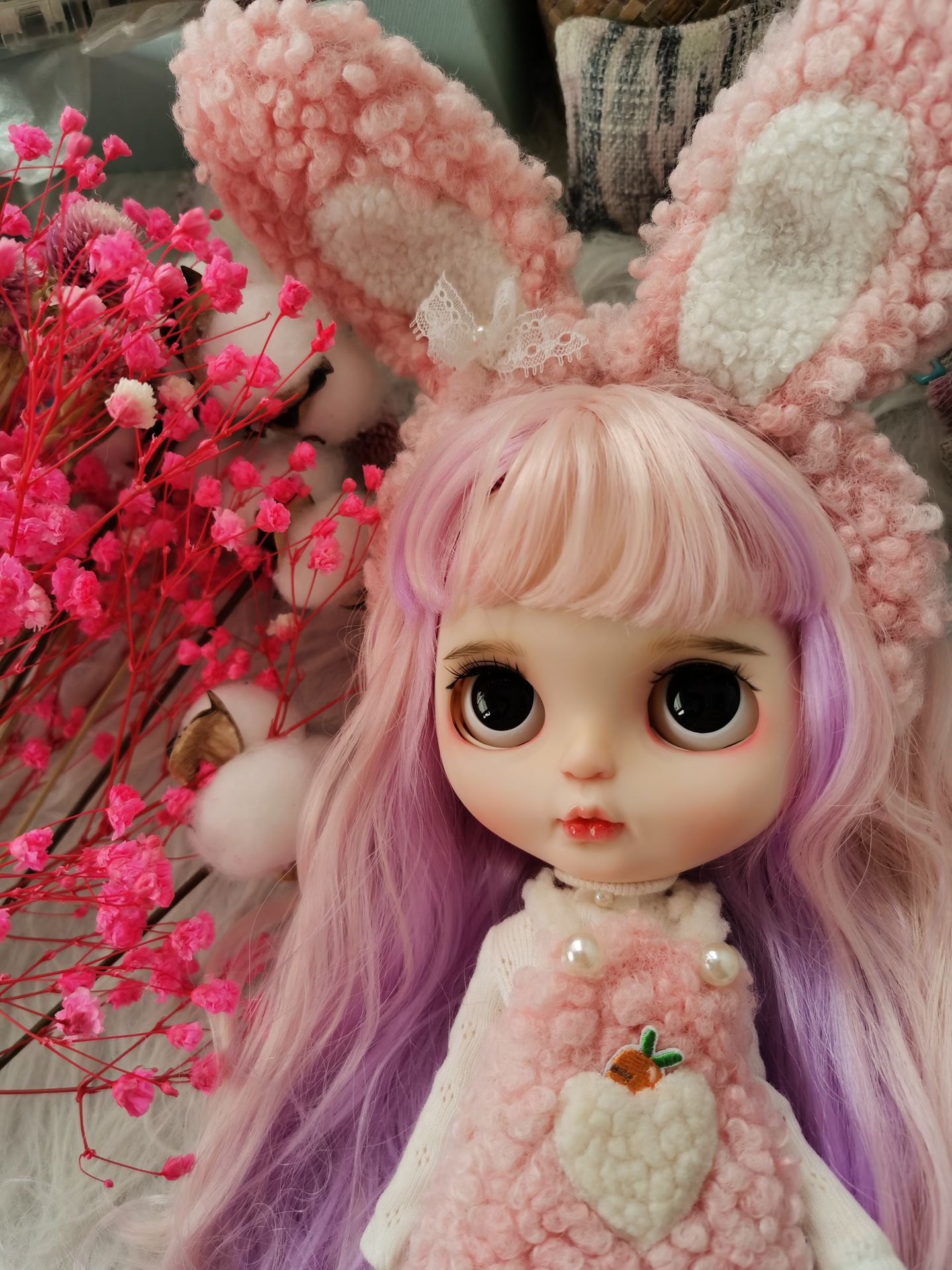 blythe小布布娃娃改妆嘟嘟嘴边角兔耳朵套装手工改娃bjd娃娃