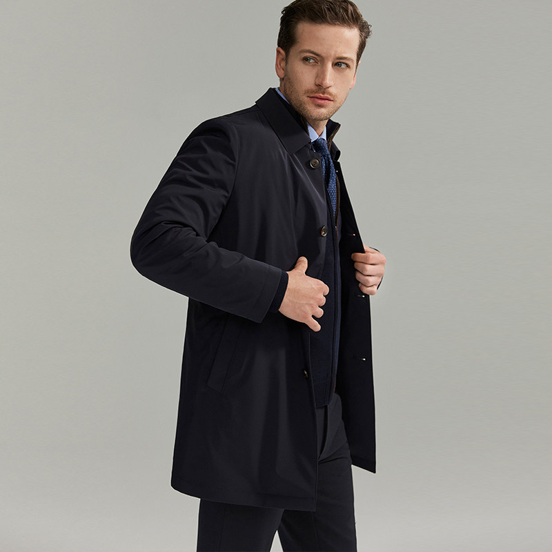 报喜鸟2021冬季男商务正装干部款白鹅绒羽绒风衣翻领中长款外套男