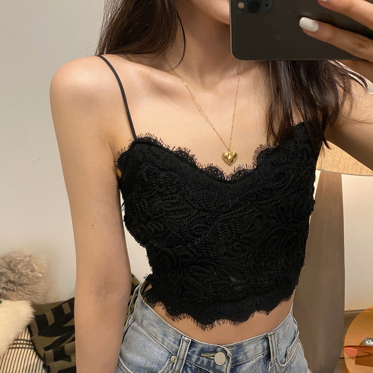 achi大也池蕾丝吊带背心女夏内搭抹胸外穿修身短款露脐性感上衣