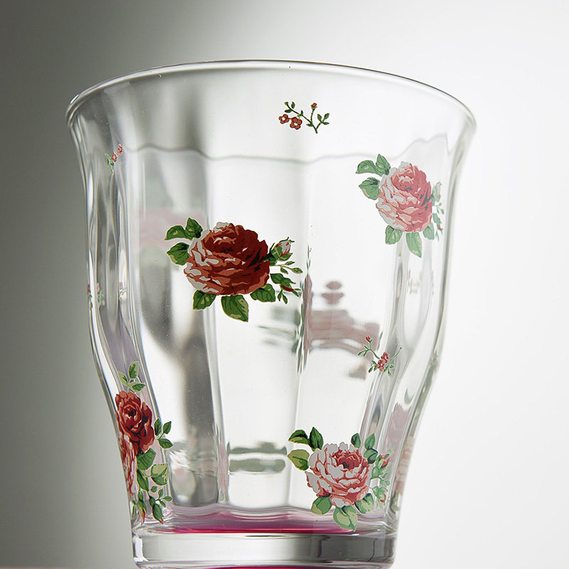 日本进口复古玫瑰碎花玻璃酒杯冷水水杯果汁异形