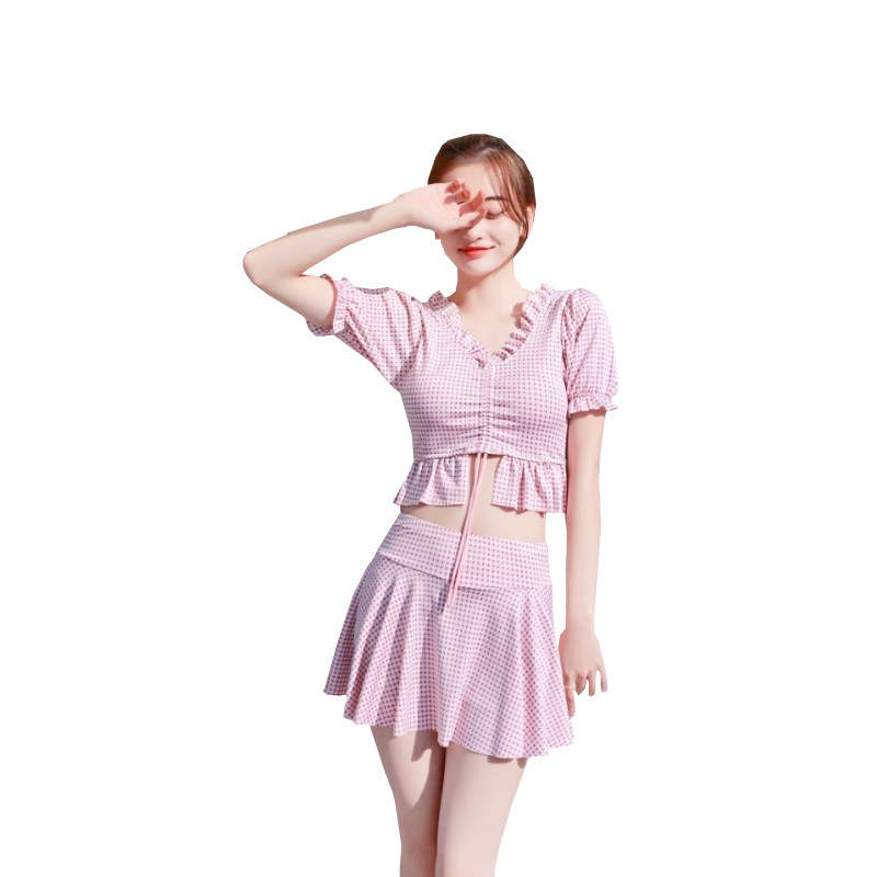件套复古格子泳衣夏季女小平胸专用分体裙式分体泳衣