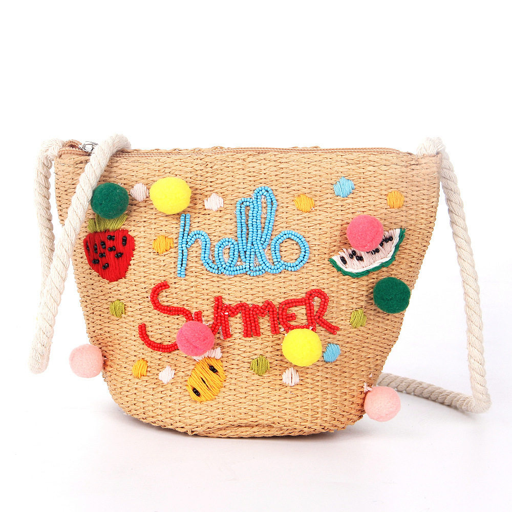 2019草编编织包斜挎亲子装饰包珠珠可爱女士包袋