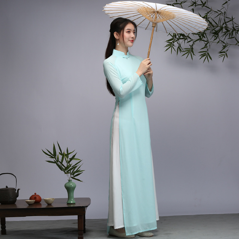 越南旗袍裙奥民族茶艺师服装女茶服中旗袍