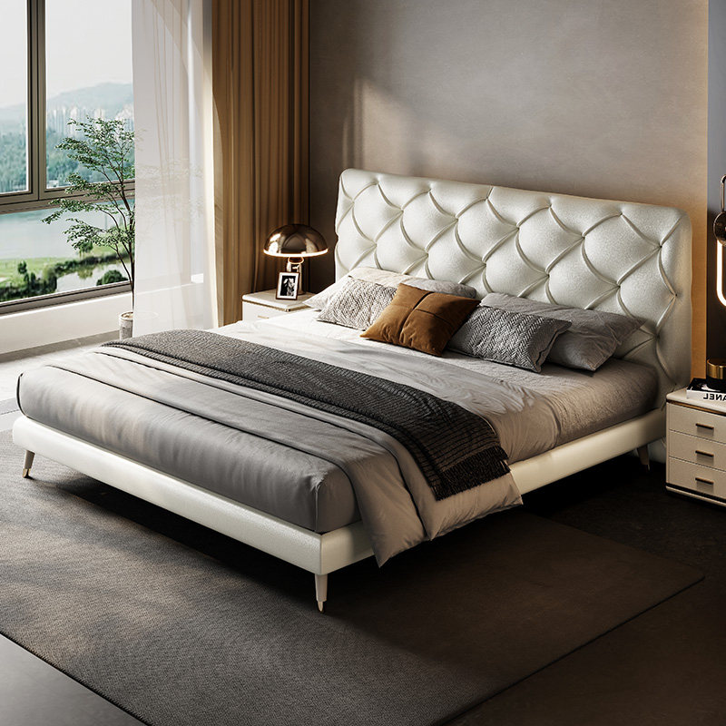 意式真皮床头牛皮现代简约大小户型轻奢双人床主卧皮艺床