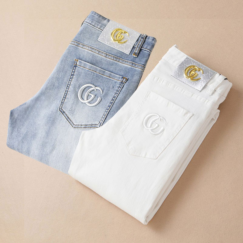 春夏季牛仔裤男士潮牌白色修身小脚裤欧洲站纯棉弹力直筒轻奢长裤