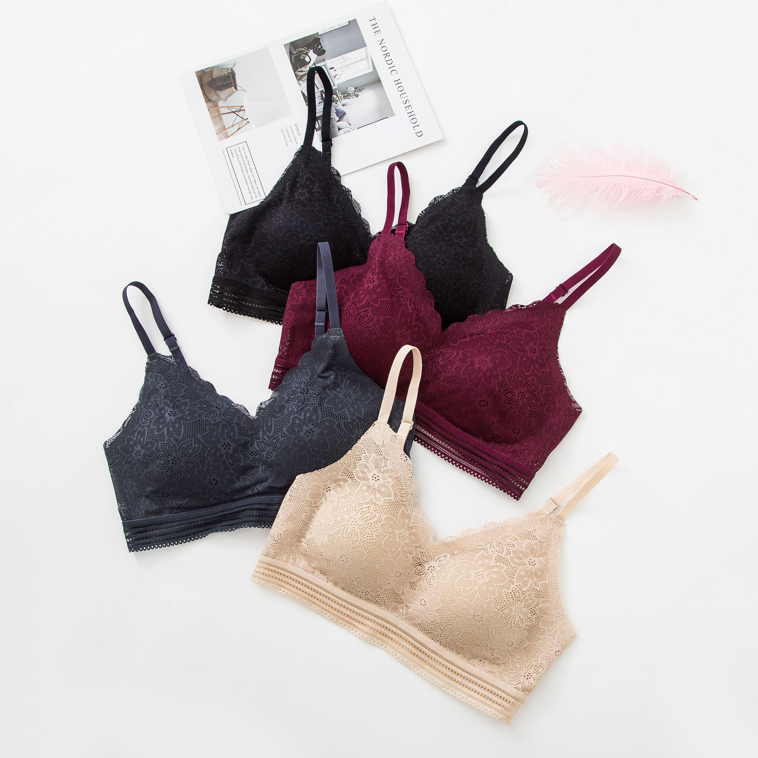 2件装日系性感蕾丝无痕内衣女中薄款聚拢美背文胸