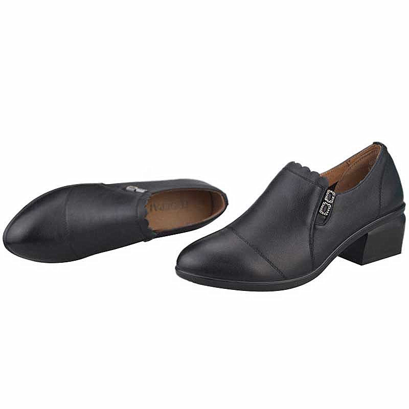 孚德皮鞋春秋新款牛皮圆头深口女鞋拉链中跟单鞋