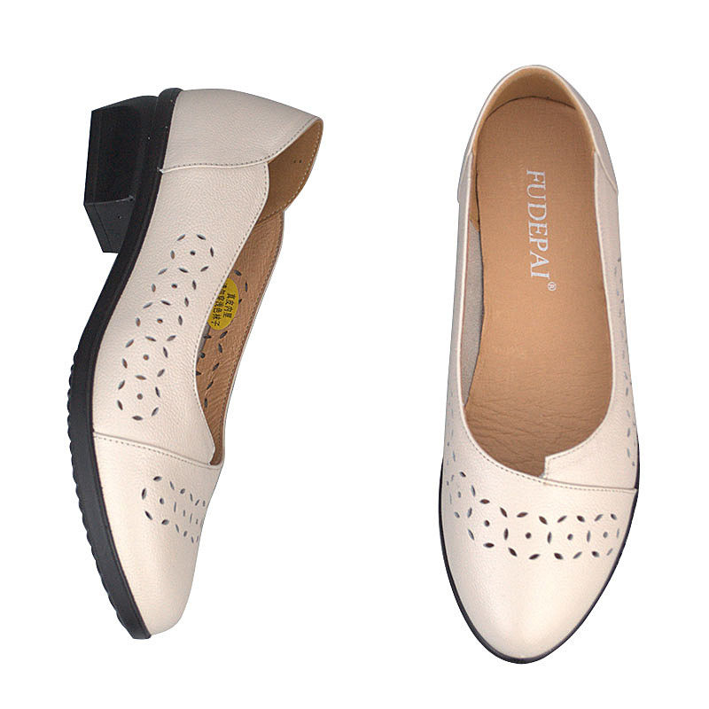 孚德夏季新款牛皮圆头女鞋打孔四季舒适中跟洞洞鞋