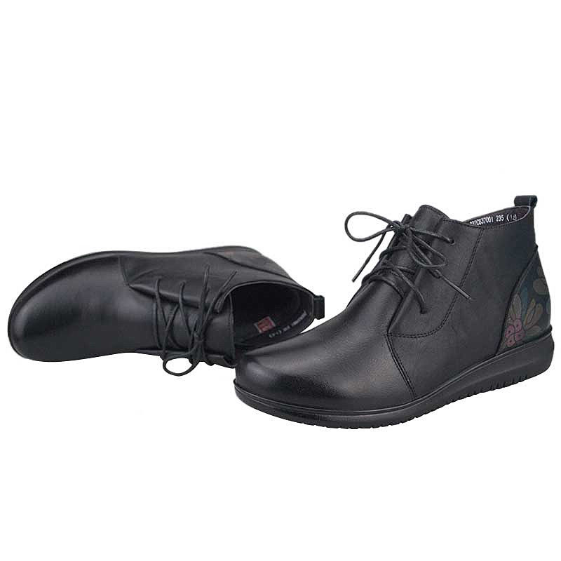 孚德皮鞋冬季新款牛皮圆头加绒短筒时装靴