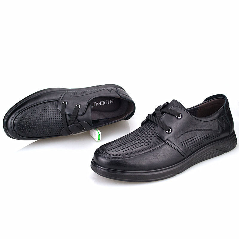 孚德皮鞋夏季新款圆头男鞋头层牛皮镂空透气休闲皮鞋