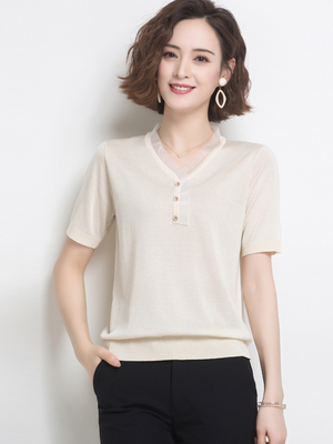 妈妈夏装仿桑蚕丝针织衫薄款冰丝短袖t恤女上衣韩版宽松2020新款