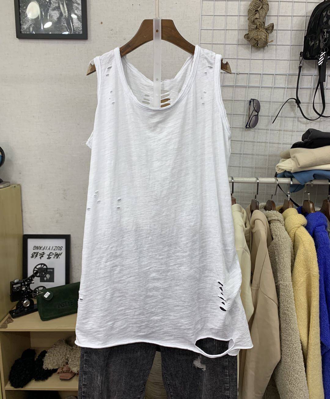 春夏季新款韩版宽松显文艺纯色百搭竹节背心破洞背心吊带
