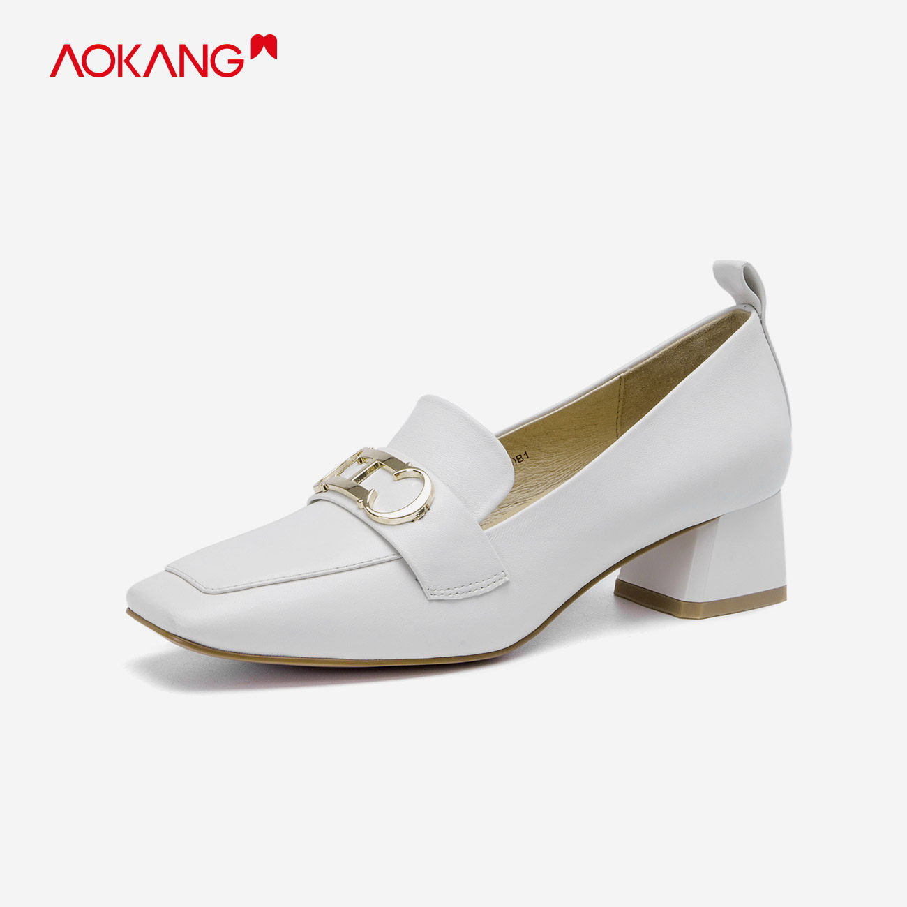 奥康女鞋春季新款方头羊皮跟单复古中跟皮鞋单鞋