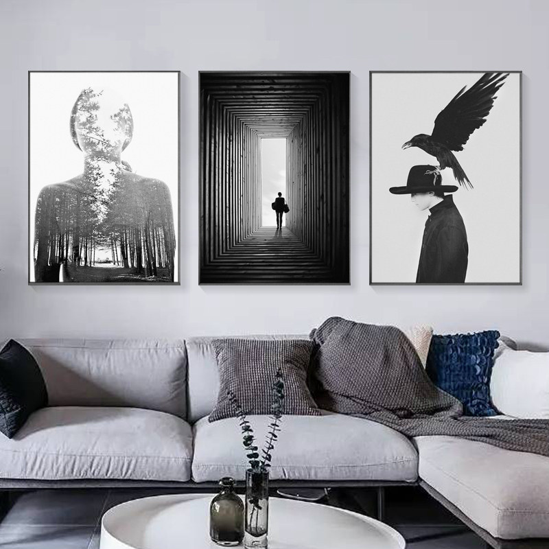 餐厅现代简约客厅装饰画抽象人物挂画黑白创意背景墙现代装饰画