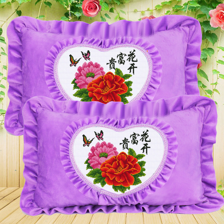 新款印花十字绣枕头套一对结婚送礼抱枕情侣单人卧室十字绣套件