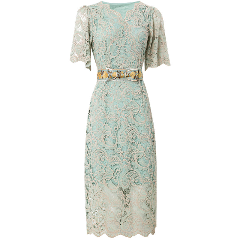 菲梦伊蕾丝连衣裙女装夏季名媛气质优雅修身钩花镂空中长款包臀裙