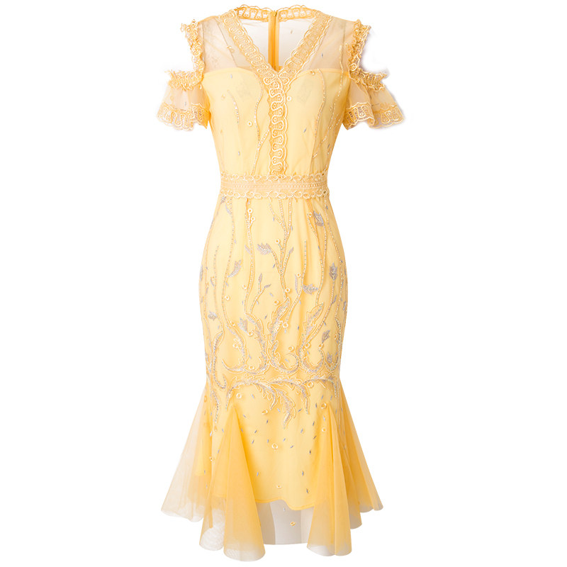 包臀鱼尾裙 菲梦伊蕾丝网纱连衣裙女夏季 减龄气质超仙露肩修身 时尚