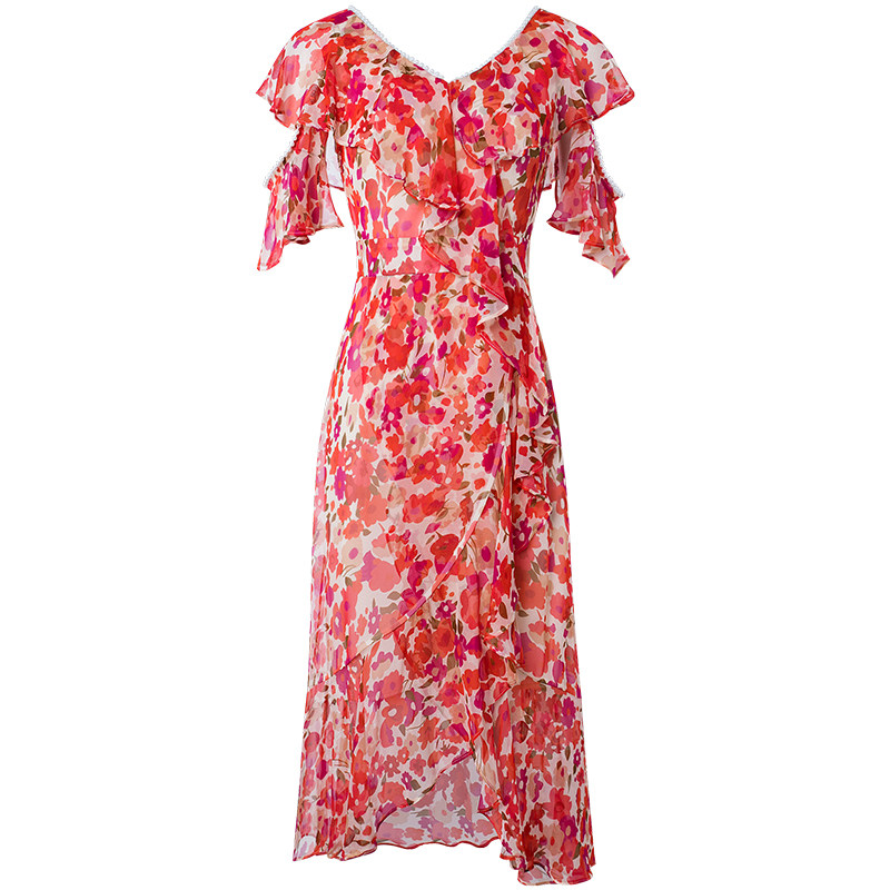 菲梦伊中长蚕丝桑蚕印花露肩时尚设计夏季连衣裙连衣裙