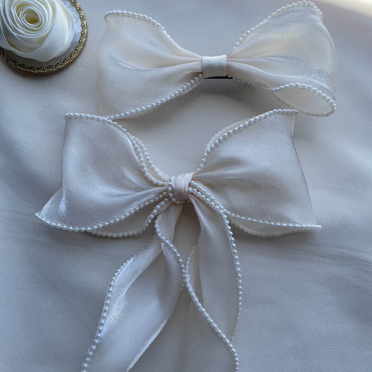 珍珠弹簧发饰蝴蝶结飘带韩国新款边夹刘海夹头发饰