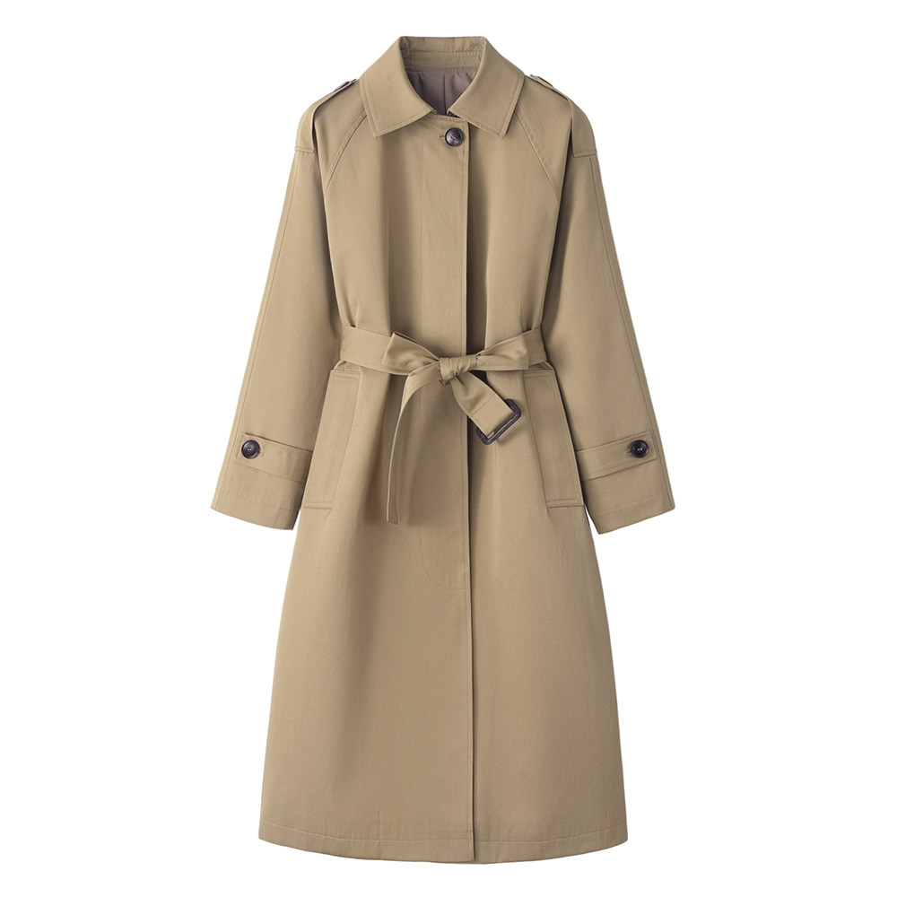 沫里春款简约基本方领风衣外套宽松中长单排风衣