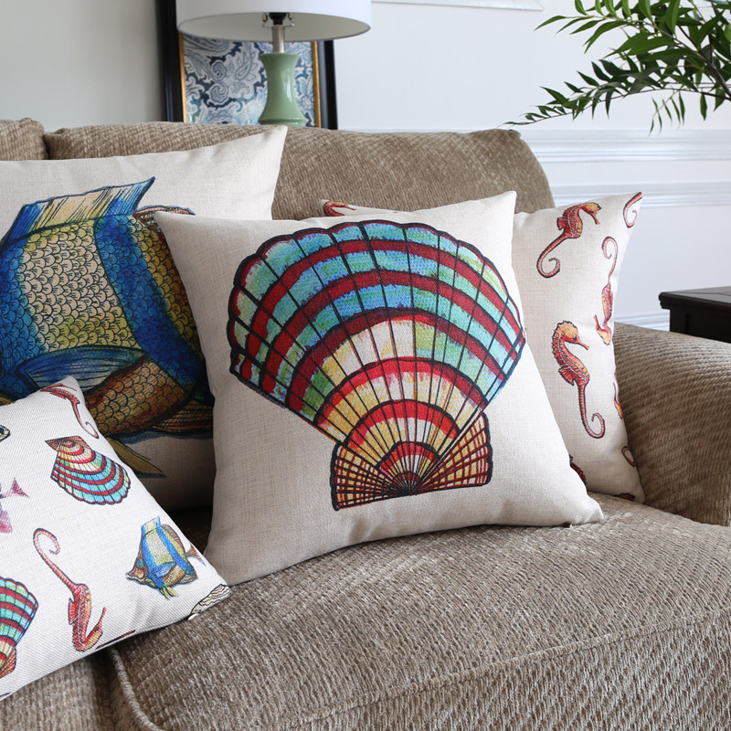 地中海风格棉麻抱枕枕套彩色鱼贝壳海马靠垫客厅靠垫