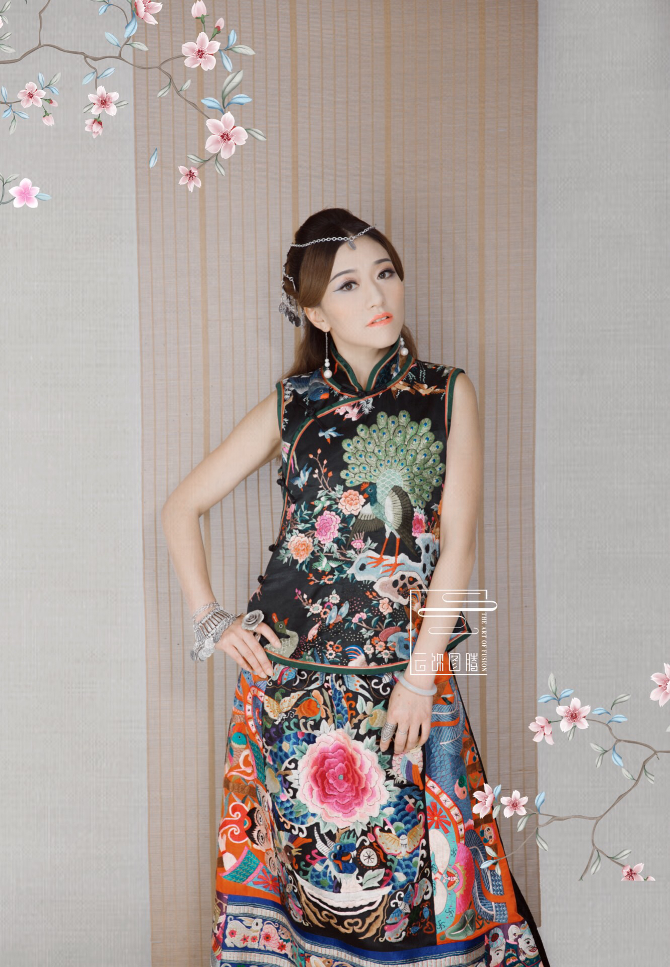 复古风唐装2019新款重工刺绣古风仙鹤牡丹长款两件套外套女装