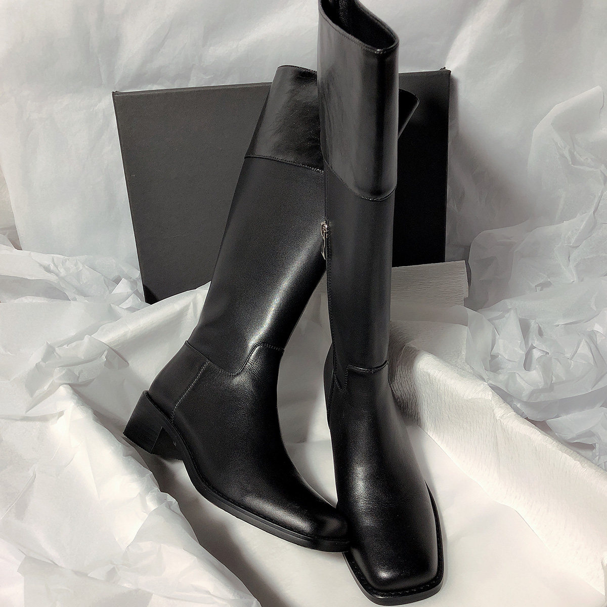 森屿海巷2022方头粗真皮平底网红拼色高筒侧拉链时装靴