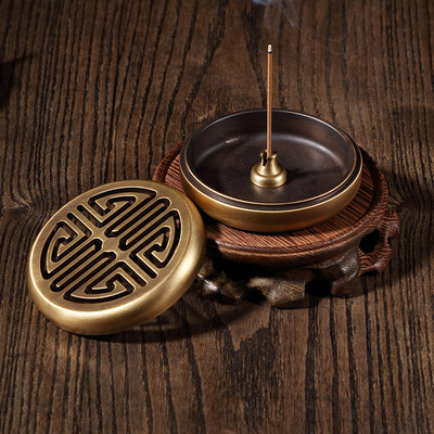 瑞象复古纯铜寿字香篆车载香炉香盒居室打篆盘香薰炉
