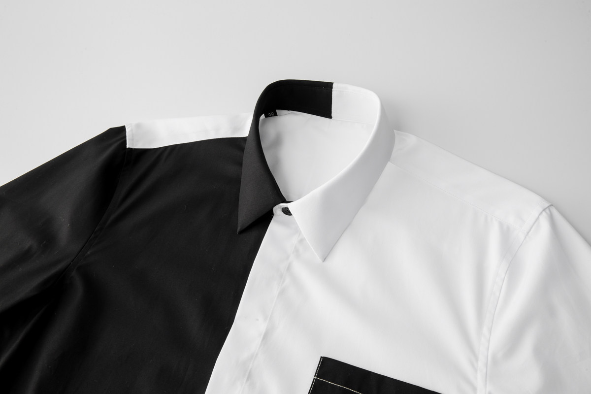 个性黑白拼色口袋装饰衬衫男士长袖欧美简约衬衫