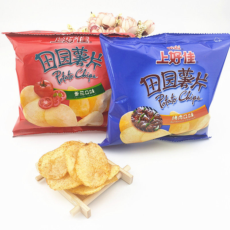 上好佳oishi田园薯片烤肉味甜辣味番茄味薯片休闲零食膨化食品