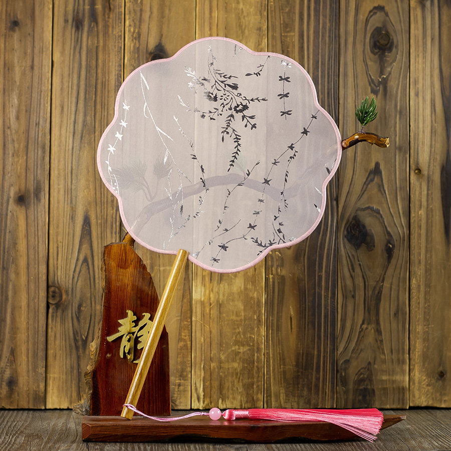 汉服流苏小团掌扇梅花烫金宫廷长柄古风圆形扇子