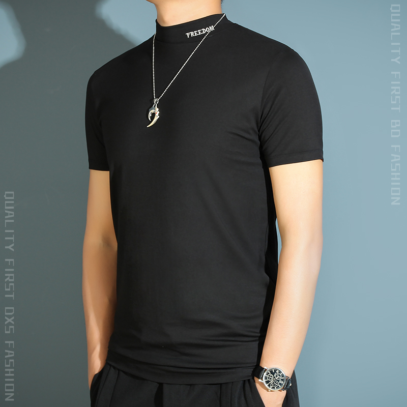 男士莫代尔半高领加绒短袖t恤打底衫丝光棉男式高领上衣半袖体恤